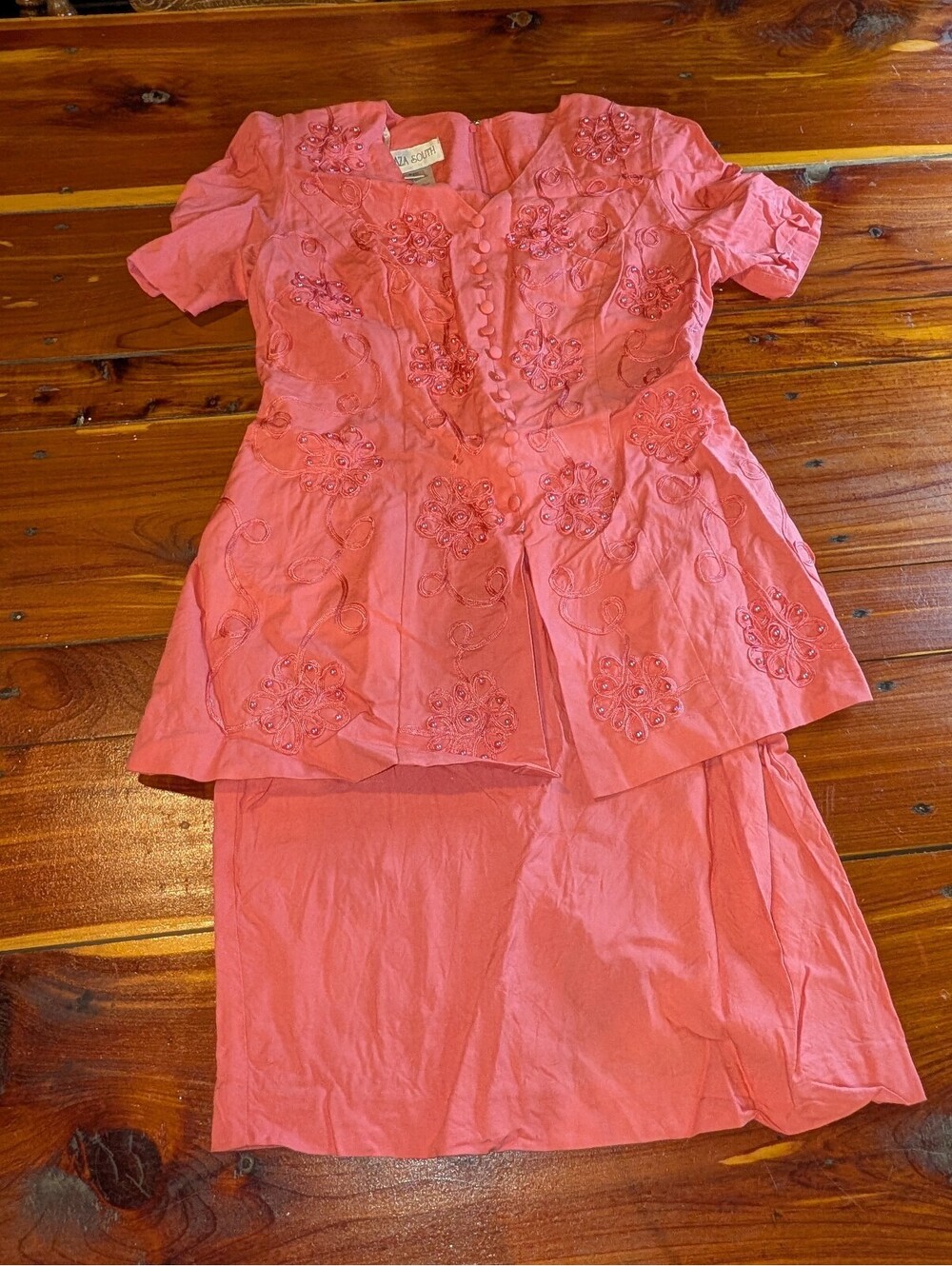 Vintage Plaza South Coral Pink Embroidered Two-Piece Dress Set Size 8
